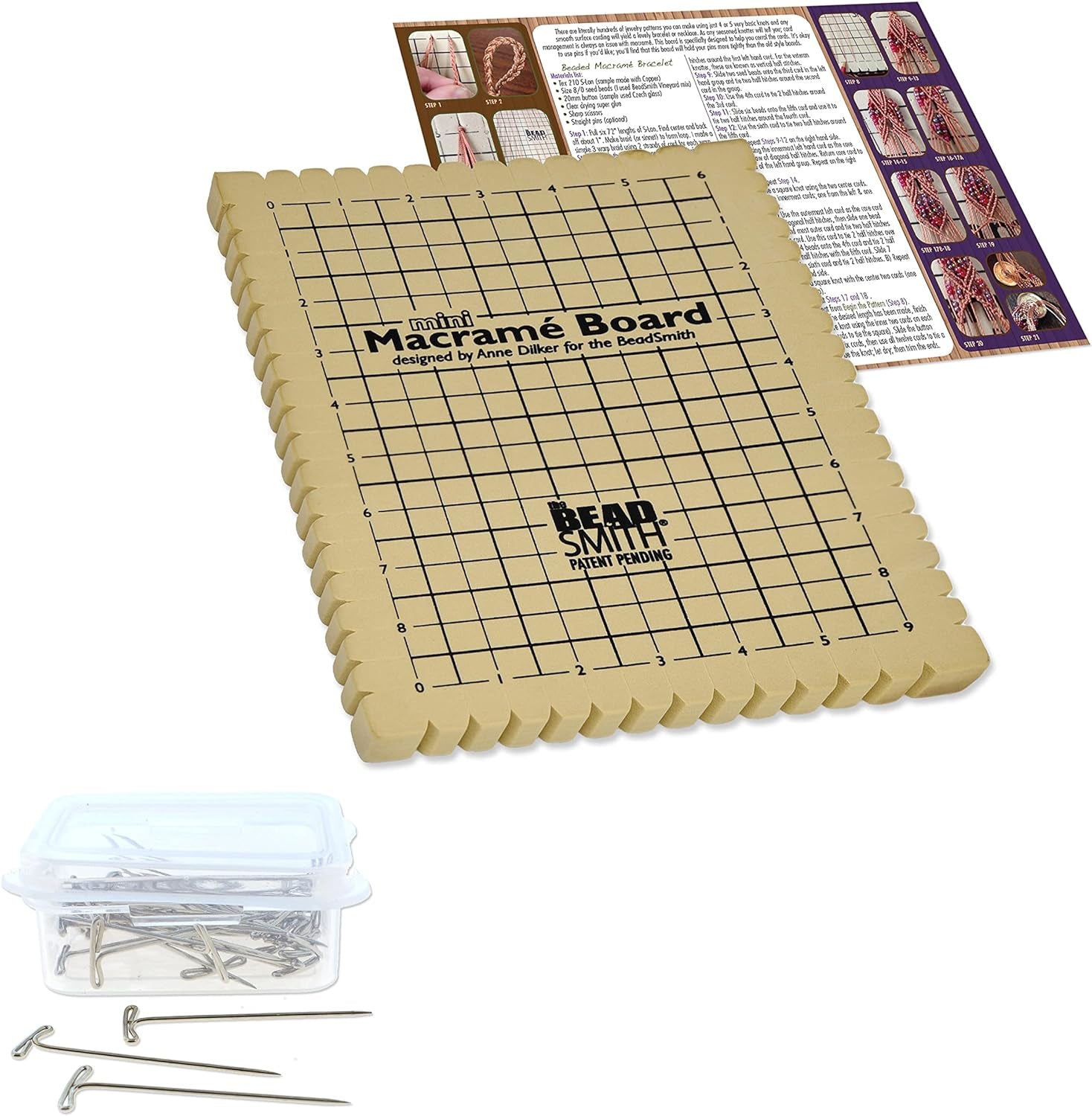 Mini Macrame Board, 7.5 X 10.5 Inches, 0.5-Inch-Thick Foam, 6 X 9" Grid for Measuring, Bracelet Project with Instructions Included, Create Macrame and Knotting Creations