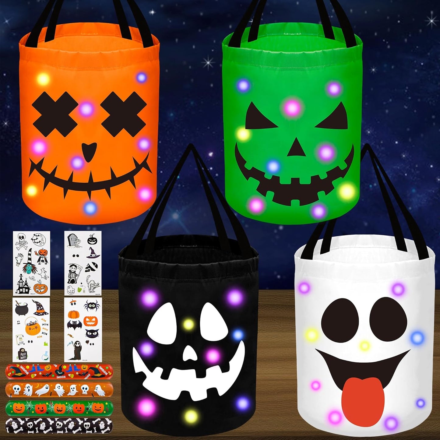 4Pcs Halloween Trick or Treat Bucket Candy Bags - LED Light up Pumpkin Basket Gift for Kids with Bracelets Stickers