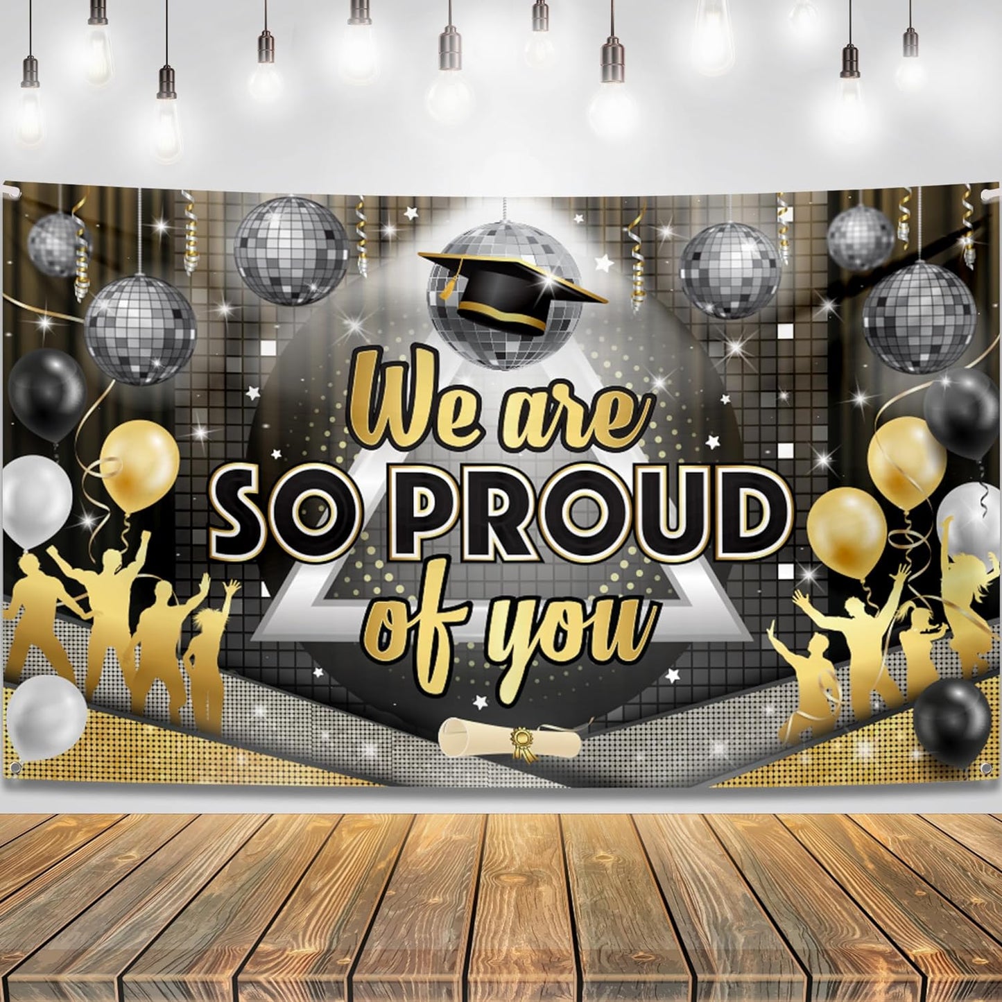 , Congratulations Grad Banner - Large, 72X44 Inch | Glitter Black and Gold Graduation Backdrop, Graduation Decorations Class of 2024 | Congratulations Banner, 2024 Graduation Party Decorations