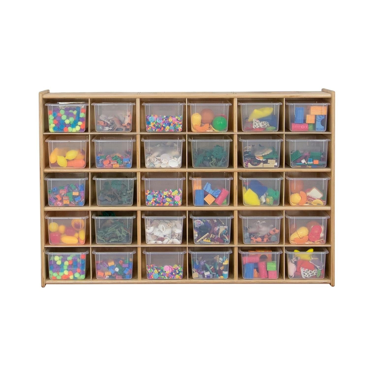 Cubby Storage Organizer Cubes, 20 Cubbies with Clear Plastic Bins, Wood Furniture for Kids Toys, Daycare, Classroom, 47-Inch Width