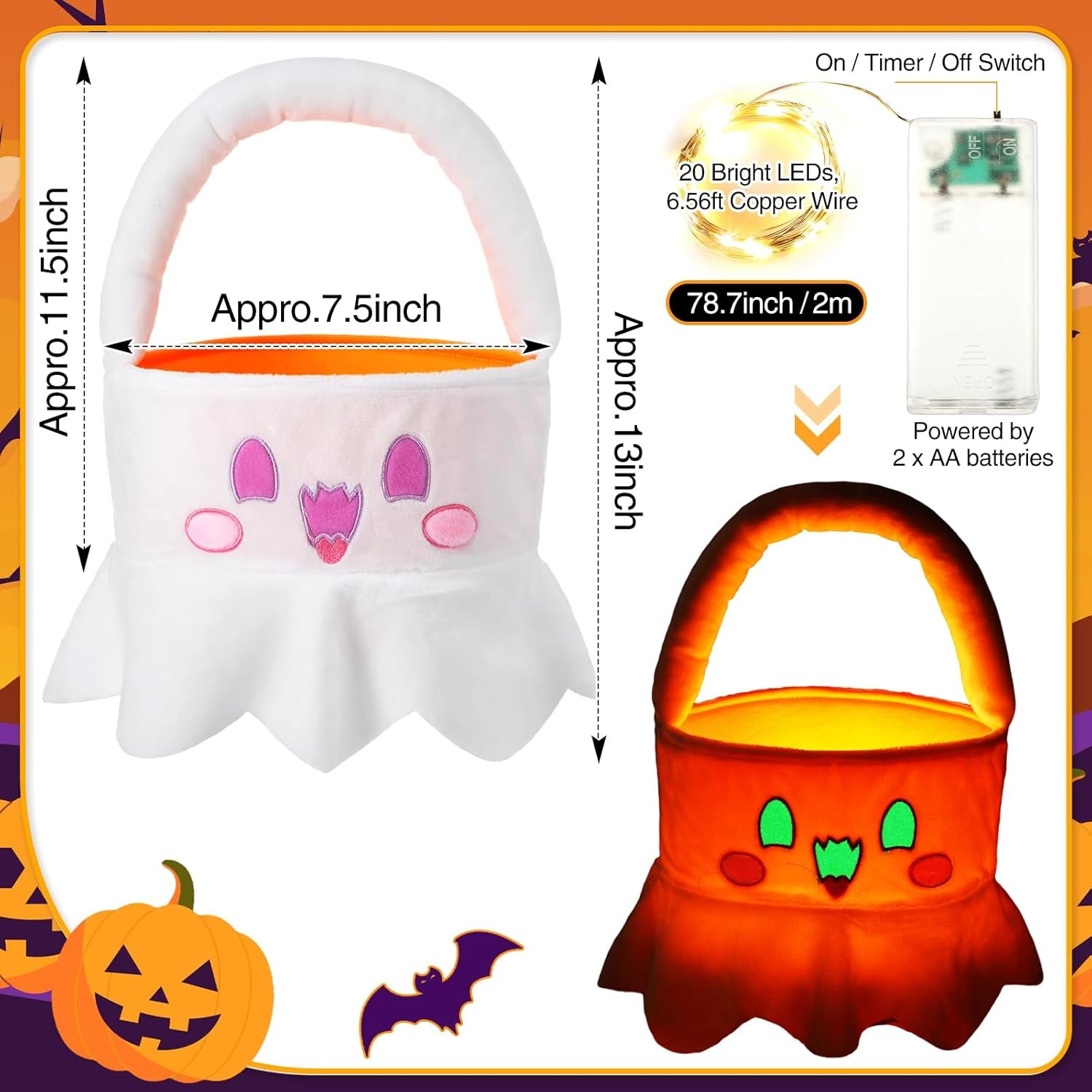 Halloween Trick or Treat Baskets Plush Glow in the Dark Candy Bucket Bag Halloween Pumpkin Ghost Black Cat Glow Candy Tote Bag for Halloween Gifts Party Favors(Ghost)