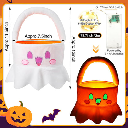 Halloween Trick or Treat Baskets Plush Glow in the Dark Candy Bucket Bag Halloween Pumpkin Ghost Black Cat Glow Candy Tote Bag for Halloween Gifts Party Favors(Ghost)