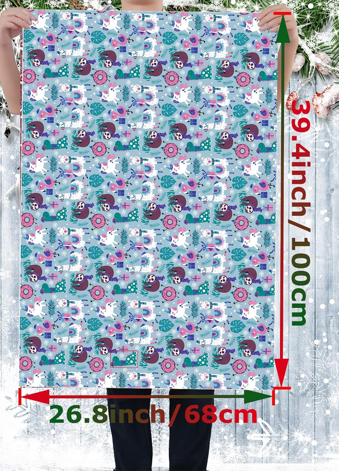 Christmas Gift Wrapping Paper Large Sheet for Kids Boys Girls Baby Women Men Xmas Wrapping Paper 3Style Christmas Sloth Llama Santa Snowman Tree Truck Car Gift Wrap Paper (27*39.4Inch