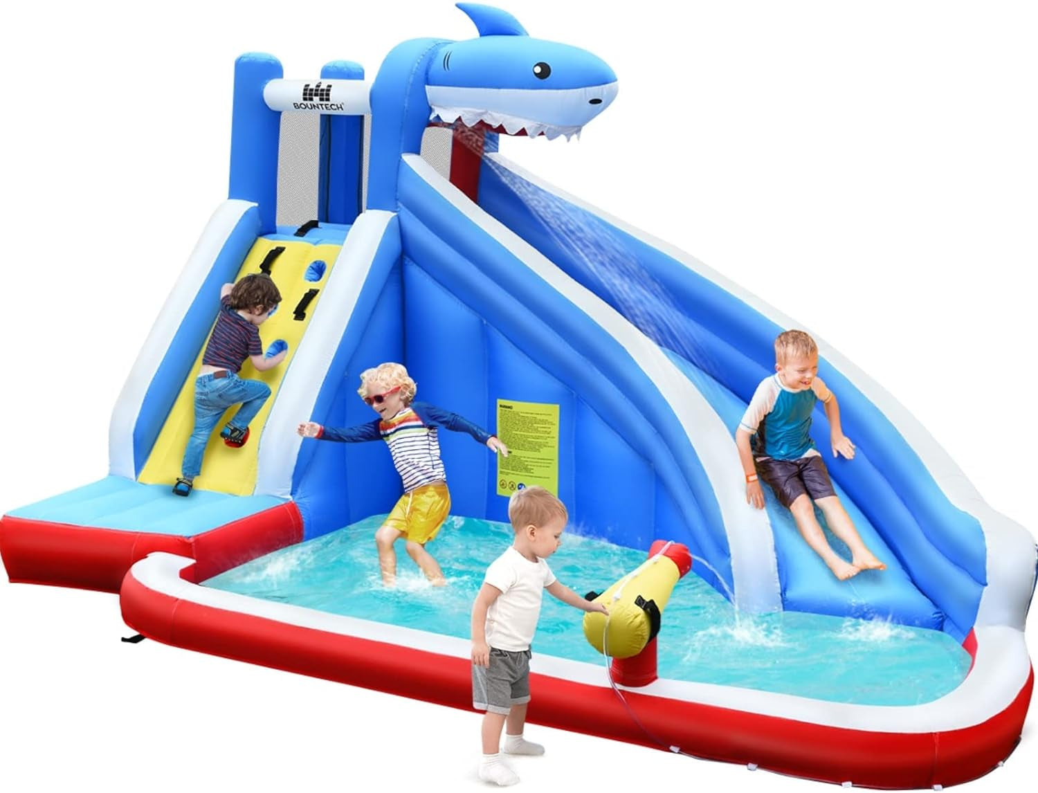 Inflatable Water Slide, Shark Themed Waterslide Park for Kids Backyard Outdoor Fun W/Long Slide, Splashing Pool, 750W Blower, Blow up Water Slides Inflatables for Kids and Adults Party Gifts