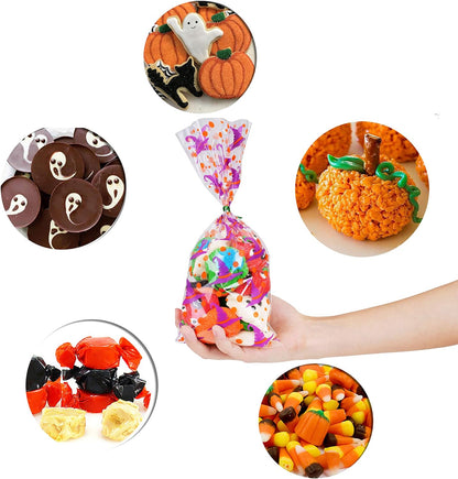 150 Pcs Halloween Cellophane Treat Bags,Candy Bags Bats Pumpkin and Witch Halloween Goody Bags with 300 Twist Ties for Kids Halloween Party Favor