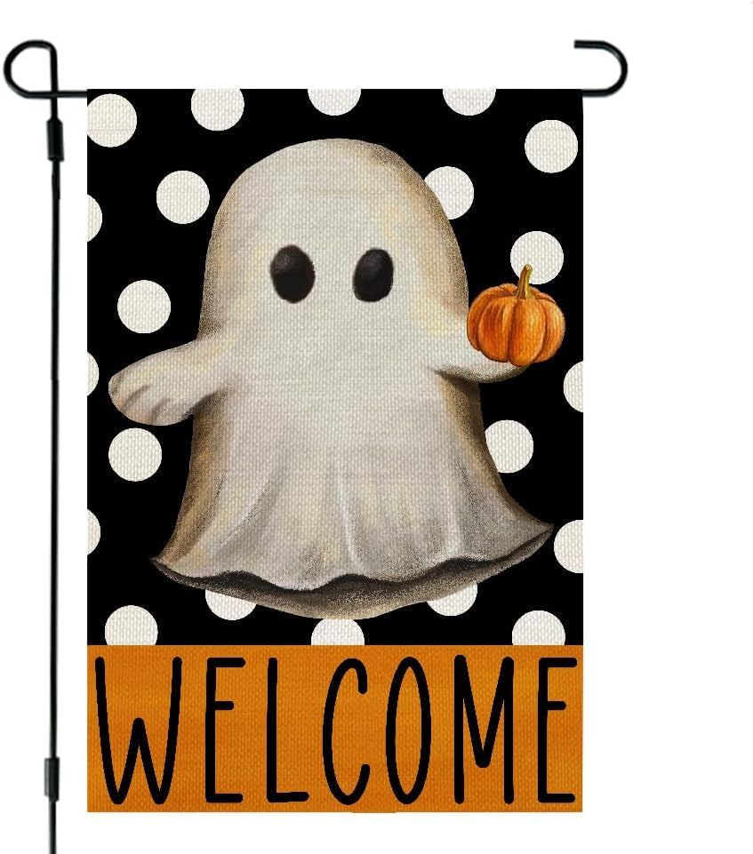 Halloween Ghost Garden Flag 12X18 Inch Double Sided Small Burlap for outside Polka Dots Welcome Holiday Yard Decoration CF1066-12