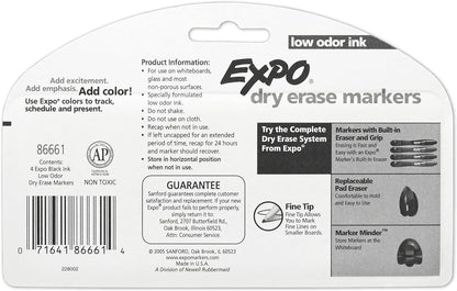 Low Odor Dry Erase Markers, Fine Tip, Black 4 Count