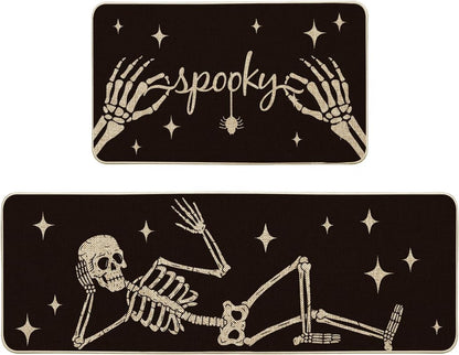 Spooky Skeleton Spider Bone Black Halloween Kitchen Mats Set of 2, Black Home Decor Low-Profile Kitchen Rugs for Floor - 17X29 and 17X47 Inch