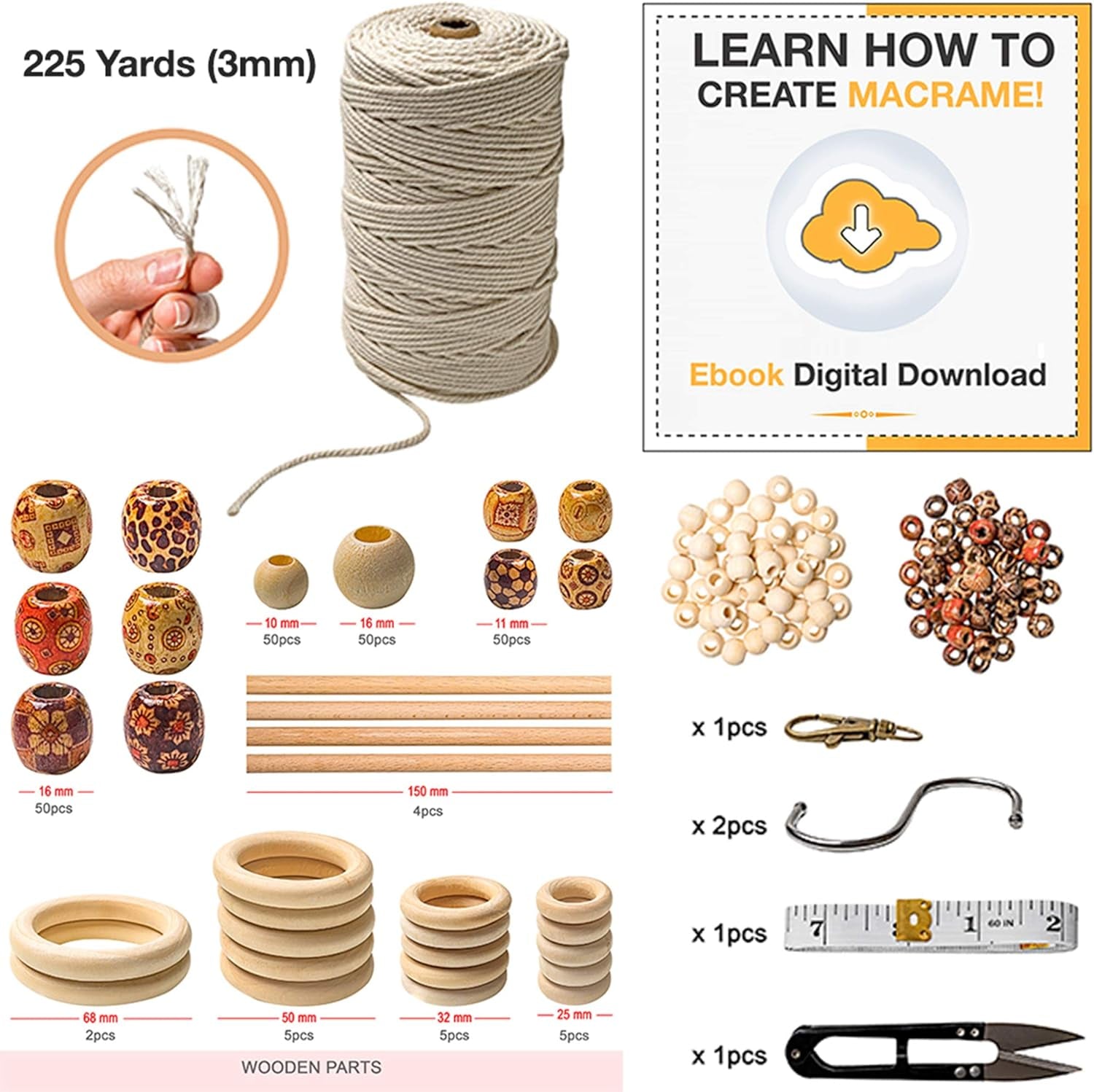 Macrame Kit - 227Pc Macrame Wall Hanging Kit. Macrame Plant Hanger Kit Supplies 225Y Macrame Cord 3Mm Beads Wood Dowels Rings E Book. Macrame Starter Set Hanging Plant DIY Craft Kits Adults Beginners