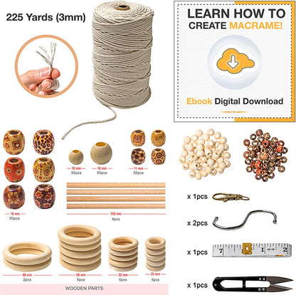 Macrame Kit - 227Pc Macrame Wall Hanging Kit. Macrame Plant Hanger Kit Supplies 225Y Macrame Cord 3Mm Beads Wood Dowels Rings E Book. Macrame Starter Set Hanging Plant DIY Craft Kits Adults Beginners