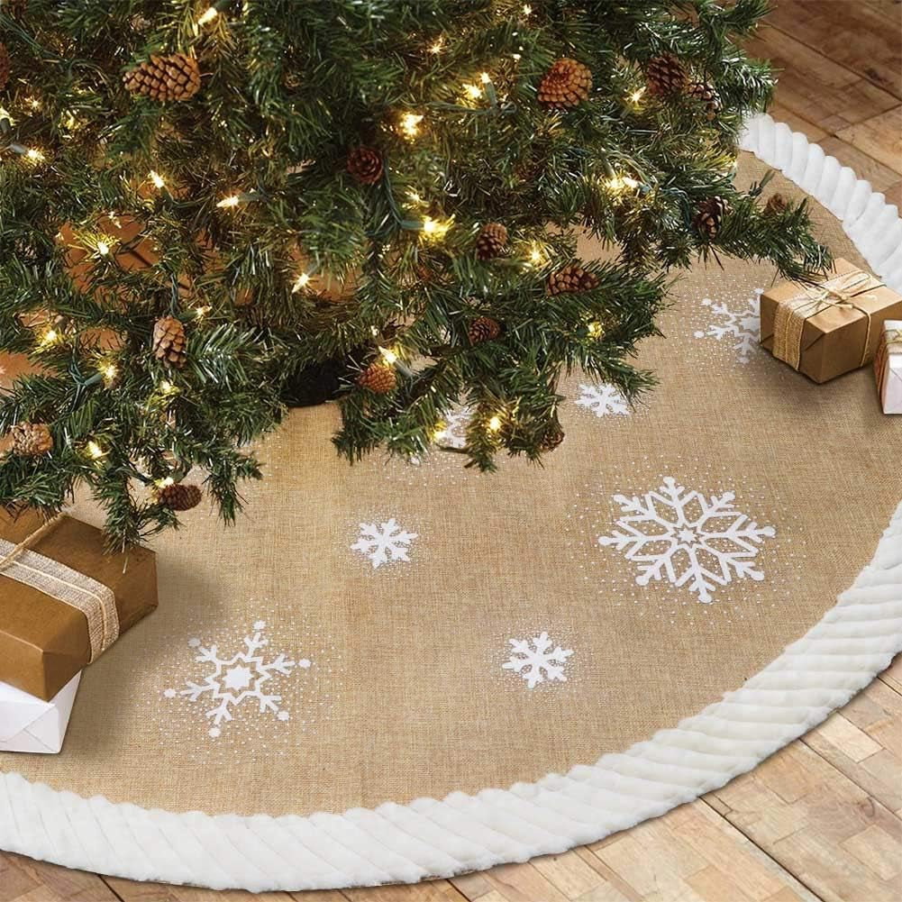 48Inch Christmas Tree Skirt, Burlap Tree Skirt with White Sequin Snowflake Pattern Fur Sides, Farmhouse Christmas Tree Skirts for Xmas Decoration New Year Party Supply