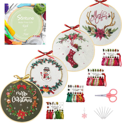 3 Sets Embroidery Kit for Beginners Needlepoint Cross Stitch Kits for Adults,Stitch Learning DIY Kit with Easy Instruction Video,Stamped Floral Embroidery Patterns,Hoop,Threads,Sewing Hobby