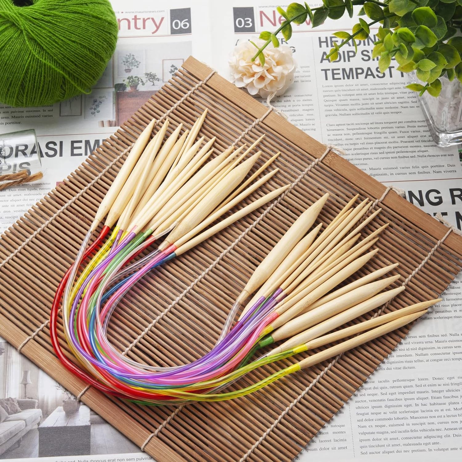 Bamboo Circular Knitting Needles 16 Inch for Beginners, 18 Pairs Wooden round Knitting Needles for Yarn with Colored Plastic Tube, 18 Sizes US 0-15 (2-10Mm), Double Pointed Flexible Knitting Needles