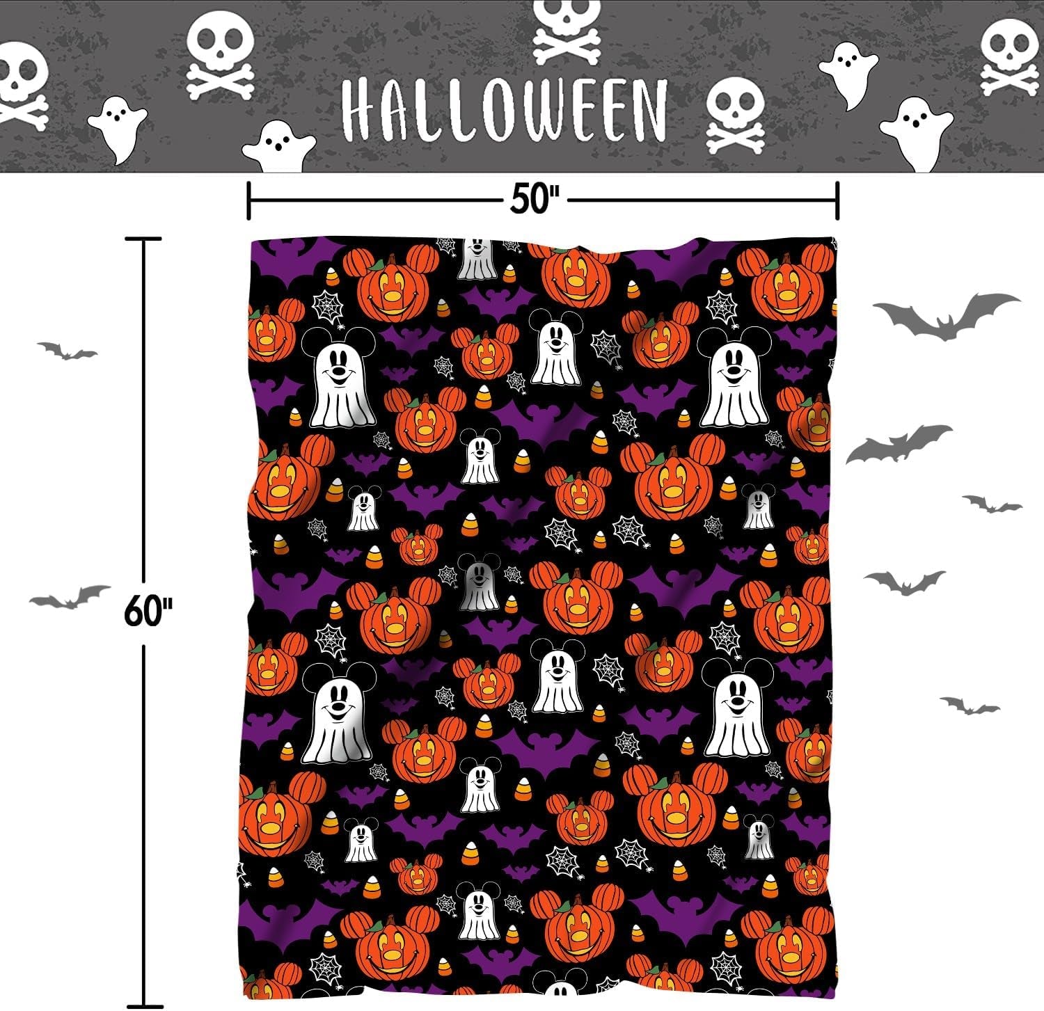 Halloween Throw Blankets, Halloween Jack-O-Lantern Pumpkins Ghost Bat Cartoon Mouse Flannel Blanket Gifts, Soft Cozy Halloween Decorative Bed Throw Blankets 60X50 Inch