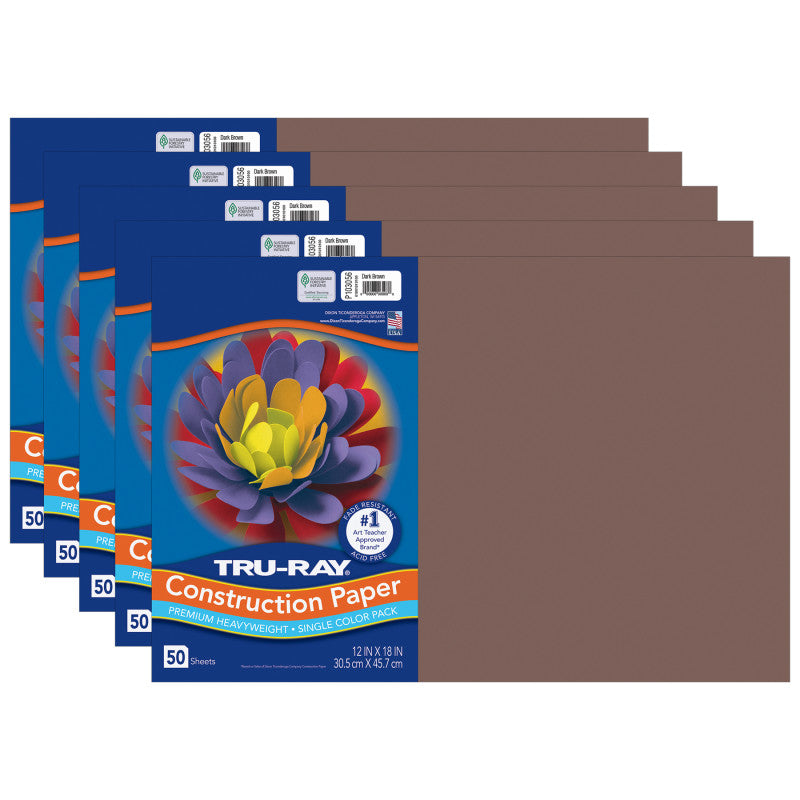 Construction Paper, Heavyweight, Dark Brown, 12" x 18", 50 Sheets Per Pack, 5 Packs