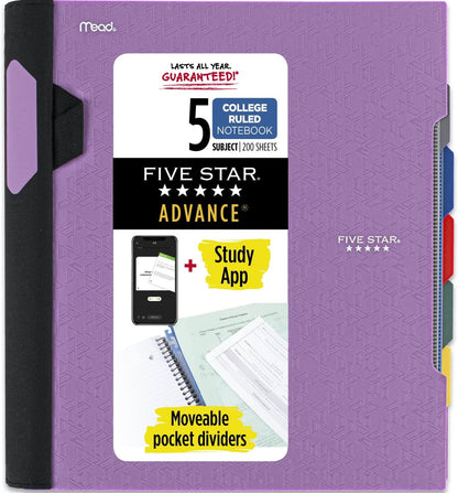 Spiral Notebook + Study App, 5 Subject, College Ruled Paper, Advance Notebook with Spiral Guard, Movable Tabbed Dividers and Expanding Pockets, 8-1/2" X 11", 200 Sheets, Black (73144)