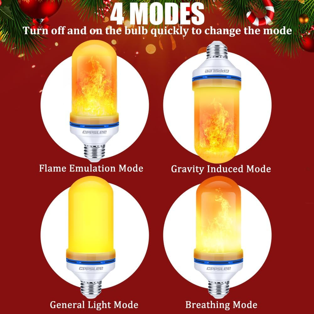 LED Flame Light Bulbs, 4 Modes Flickering Light Bulbs, E26 Base Fire Flame Bulb, Halloween, Christmas Party Porch Outdoor and Indoor Home Decorations(Yellow, 2 Pack)