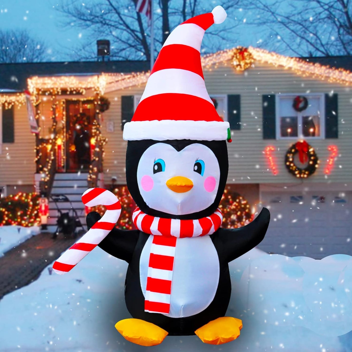 4 Ft LED Light up Inflatable Christmas Penguin with Scarf & Candy Decoration for Yard Lawn Garden Home Party Indoor Outdoor Holiday Xmas Decor