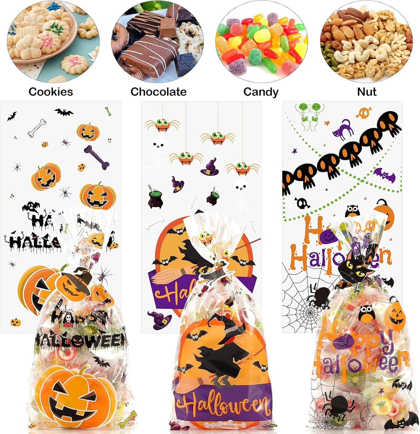 Halloween Candy Bags Treats Bags, 200 PCS Halloween Cellophane Bags for Kids Treat or Trick Party Supplies, 8 Styles Halloween Goodies Bags Gift Bags with Tattoo Stickers for Halloween Party Favors