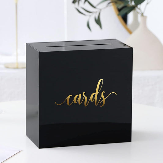 Black Acrylic Wedding Card Box with Slot, Large 10X10X5.5 Inch W/Gold Foil | Wedding Receptions Wishing Well Money Box, Birthdays, Memory Box