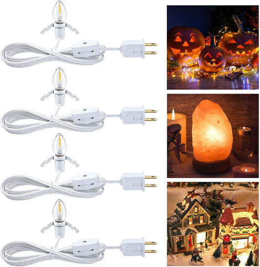 Accessory Cord with Light Bulb Ul-Listed White Cord with On/Off Switch Plugs - Perfect for Holiday Decorations and Craft Projects (4 Pack * One Led Bulb)