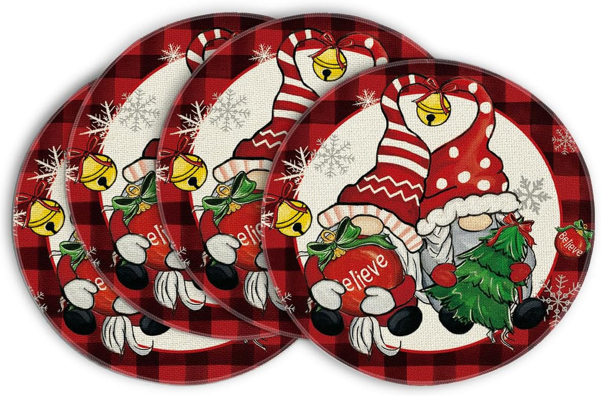 Red Buffalo Plaid Gnome Believe Xmas Balls Merry Christmas round Placemats Set of 4, 14 Inch Winter round Table Mats for Dining Decoration