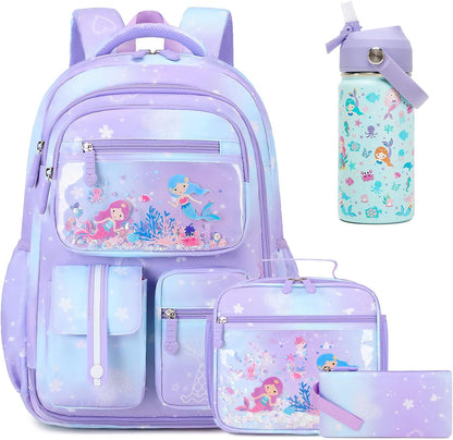 Kids School Backpack for Girls, Mermaids Bookbag Backpack with 14OZ Kids Water Bottle, Lunch Bag Set for Girls Kids Teens Middle School Student, Girls Backpack for School (4Pcs Water Bottle)