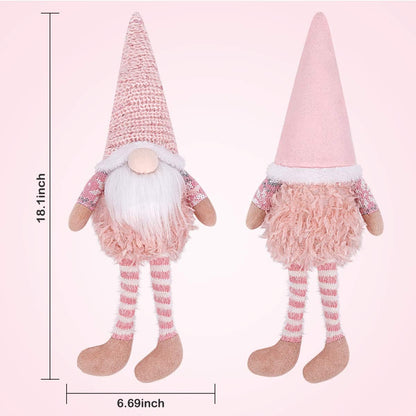 Pink Christmas Valentine Gnomes Decorations, 2Pack Handmade Swedish Tomte Gnome with LED Lighting Nose Scandinavian Figurine Pink Gnomes Plush Elf Valentines Day Decor Long Leg