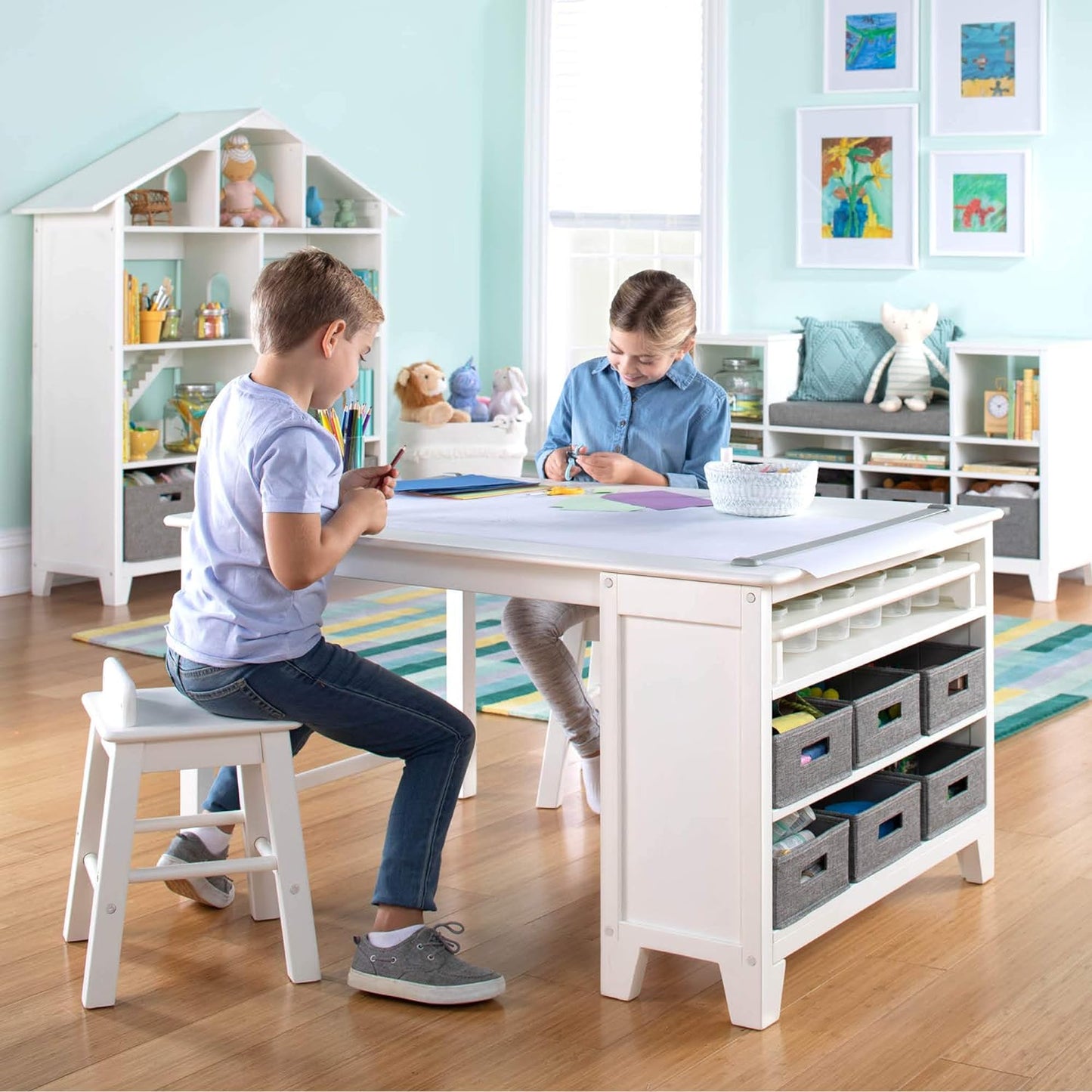 Living and Learning Kids' Art Table and Stool Set - Creamy White: Wooden Drawing and Painting Desk with Paper Roller, Paint Cups and Removable Craft Supplies Storage Bins