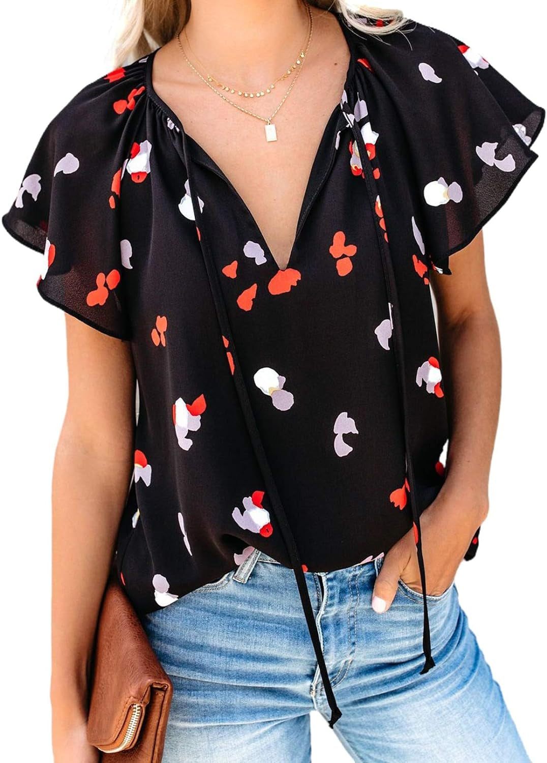 Women'S Casual Boho Floral Printed V Neck Tops Drawstring Short Long Sleeve T Shirt Blouses
