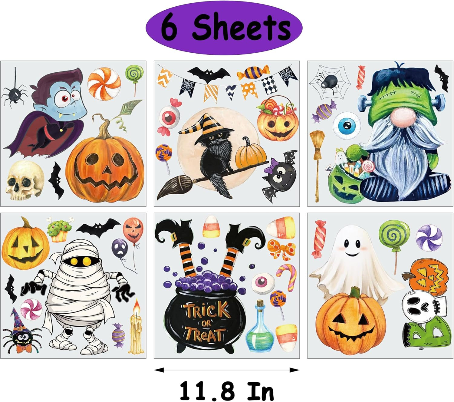 6 Sheets Halloween Window Clings Halloween Window Decorations Halloween Window Stickers Cute Oil Painting Window Decals for Halloween Home Indoor Wall Window Decor