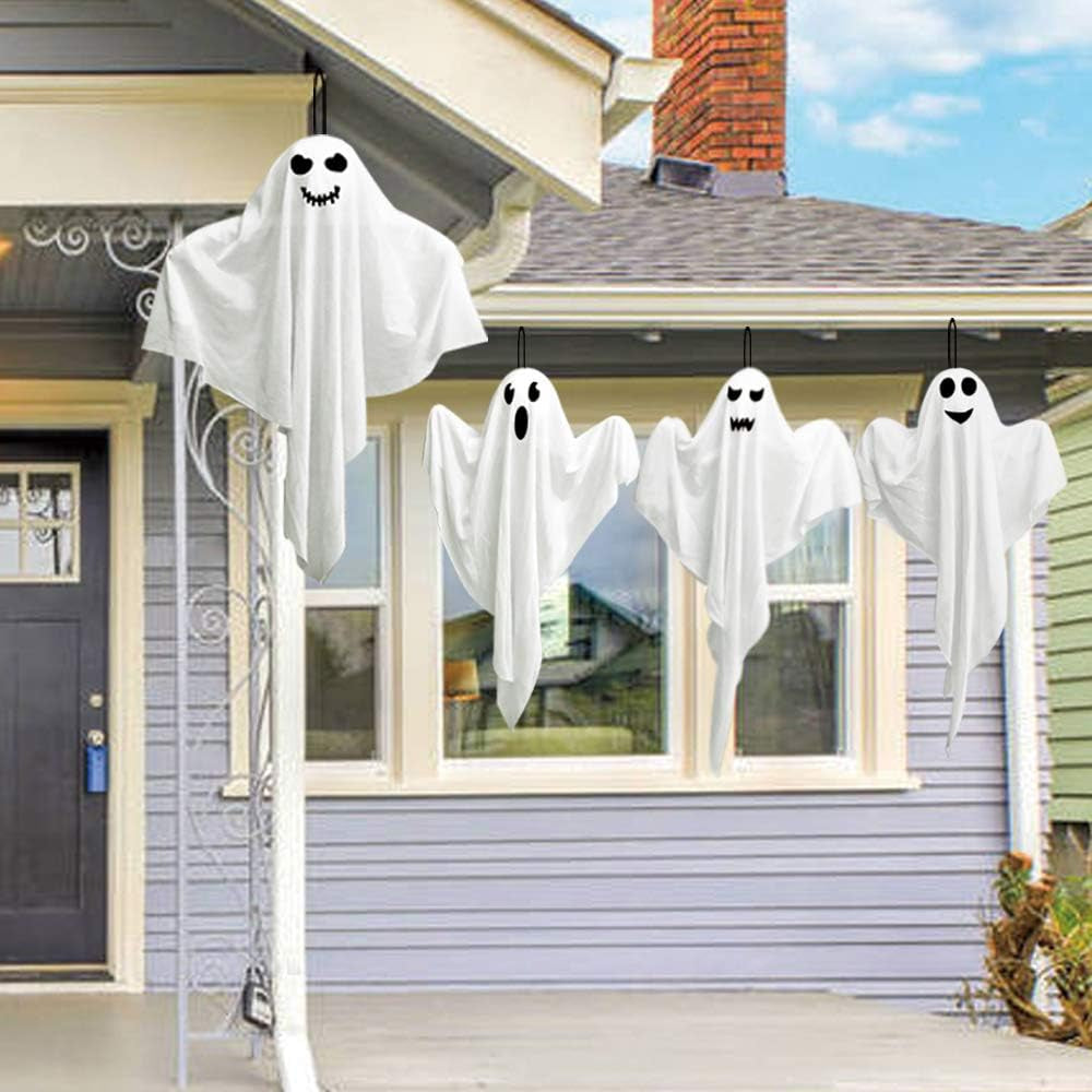 4 Pack Halloween Hanging Ghosts, 27.5" Light-Up Cute Flying Ghost Decorations for Front Yard Patio Lawn Garden Party Décor and Holiday Decorations