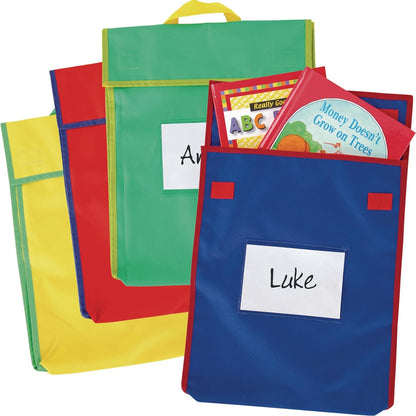 -666029 Store More Large Book Pouches – Send Home Books and Homework in Durable Fabric Book Bag – Stitched-On Handle, Clear Name Tag Pocket, Primary Colors, 12”X1”X15” (Set of 4)