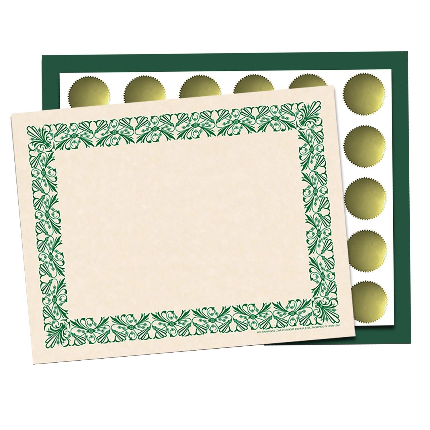 Art Deco Set -Green Border Paper, Plain Folders, Gold Seals - Loomini