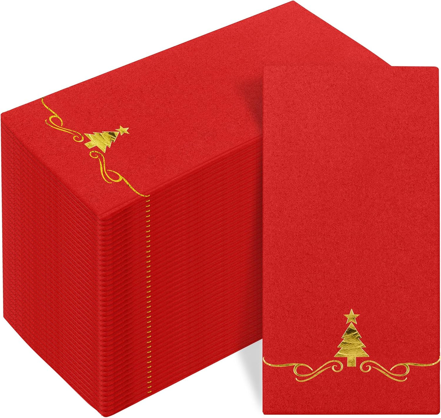 100 Pack Christmas Disposable Guest Napkins 12 X 17 Inch Gold Foil Christmas Trees Napkins Xmas Tree Hand Towels for Bathroom Kitchen Weddings Christmas Holiday Party, Red