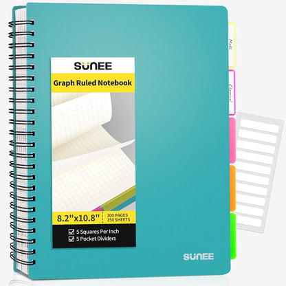 5 Subject Notebook College Ruled - 300 Pages, 8.2"X10.8", 5 Pocket Colored Dividers, 3-Hole Punched Paper, Pink