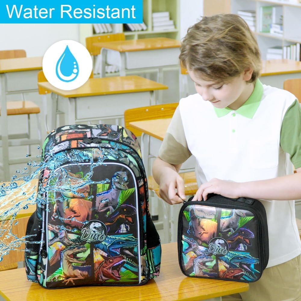 3PCS Kids Backpack for Boys, 16 Inch Dinosaur Water Resistant Preschool Backpacks, Elementary Kindergarten School Bookbag with Lunch Box for Toddler Travel
