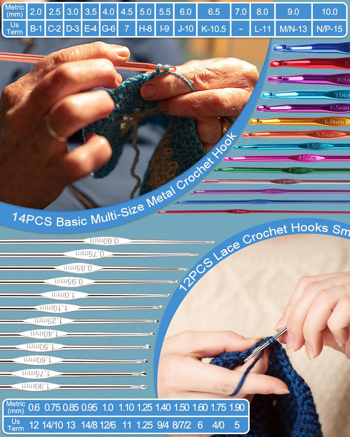 Knitting Needles Set 86PCS Knitting Kit for Beginners, Crochet Knitting Start Set Includes 9.8" Bamboo Knitting Needle Set (2-10Mm), Metal Crochet Hooks Set (0.6-10Mm) & Crochet Accessories