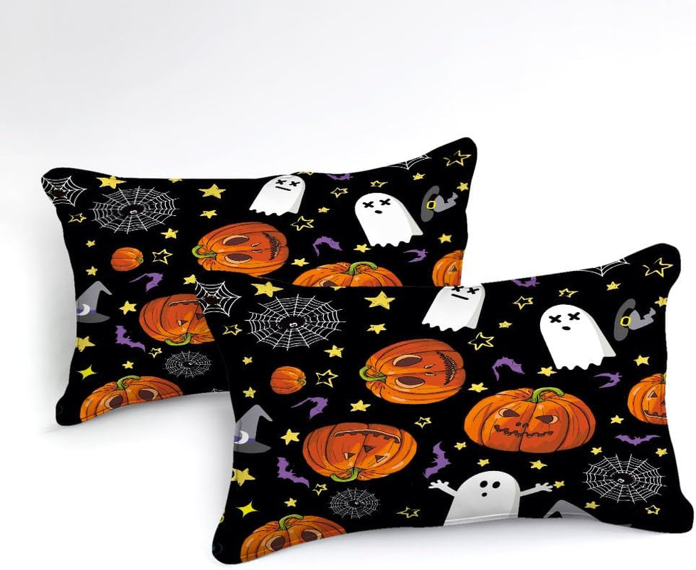 Pumpkin Comforter Set King Size Halloween Comforter Set Girls Boys Kids Cute Orange Pumpkin and White Ghost Printed Design Halloween Bedding Set 4 Pieces Candy and Pumpkin Bedding Sets