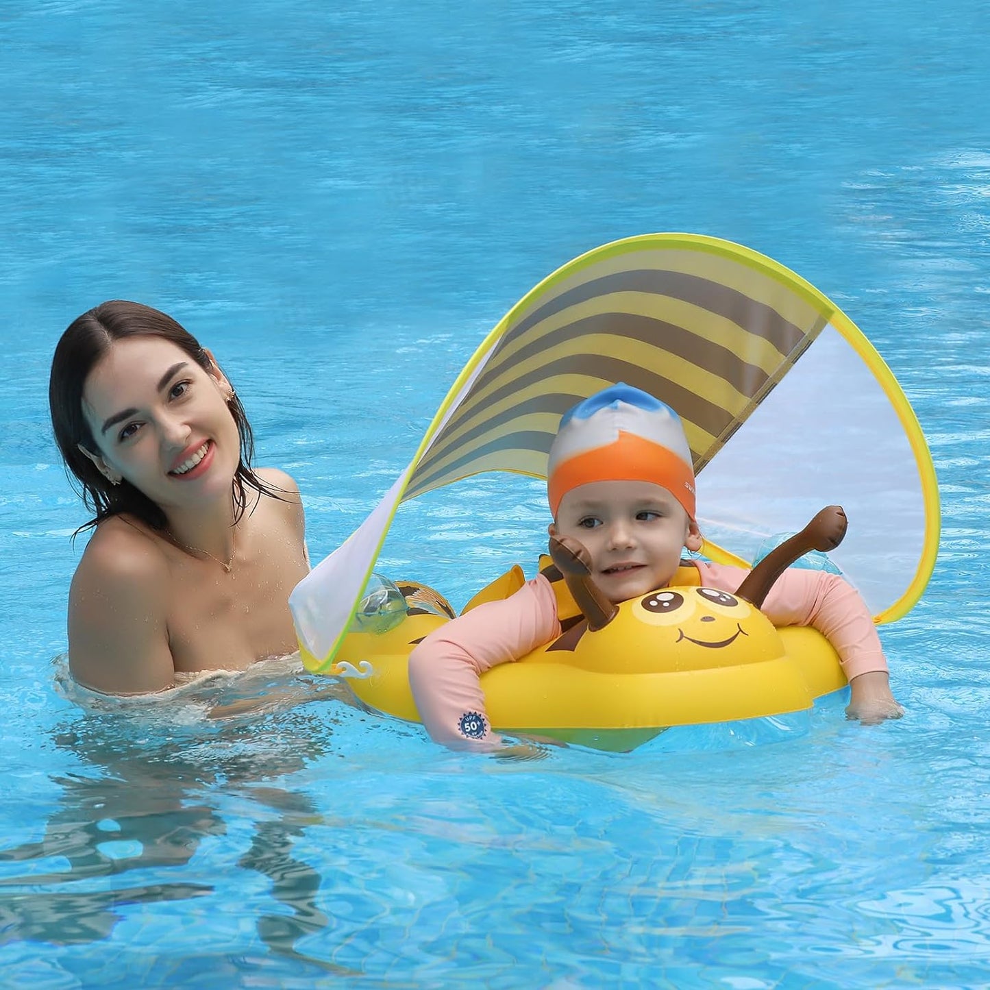 Inflatable Baby Swim Float with Sun Canopy Size Improved Infant Pool Floaties Swimming Pool Toys for the Age of 3-72 Months(Blue, L)