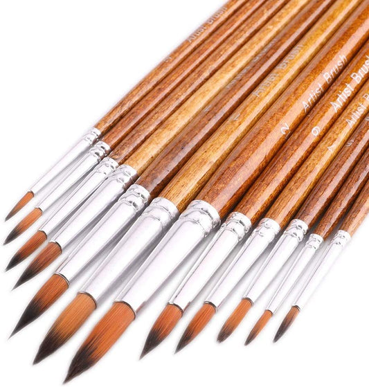 Artist Watercolor Paint Brushes, round Pointed Tip Paint Brushes Set, 12Pcs Different Sizes Detail Paint Brush for Watercolor, Acrylics, Ink, Gouache, Oil, Tempera (Brown)