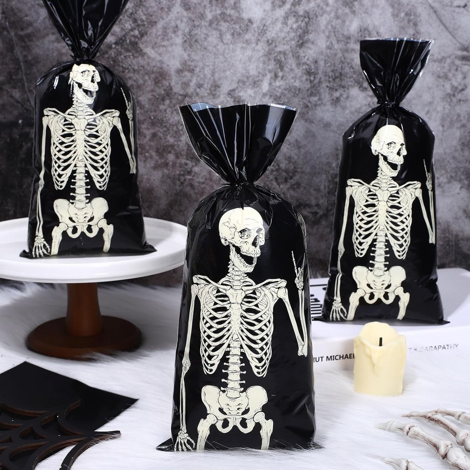 150Pcs Halloween Cellophane Gift Bags with 200Pcs Twist Ties Funny Skeleton Party Favor Bags Candy Goodie Treat Bags for Trick or Treat Birthday Party Supplies