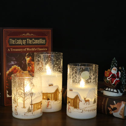 Christmas Tree Glass Flameless Candles with Remote Timer Battery Operated Real Wax 3D Wick LED Flickering Pillar Candles Christmas Holiday Decor(Gold, 3 X 4,5,6 Inch)