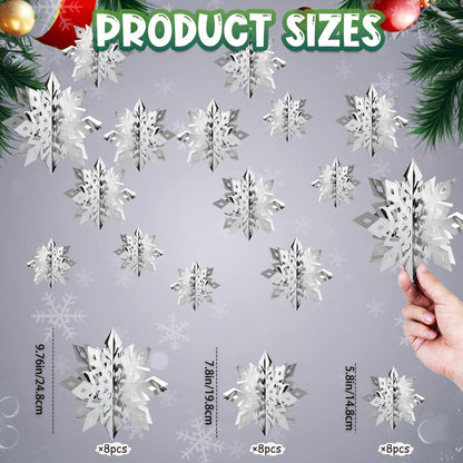 Winter Christmas Snowflake Decorations Indoor, 24PCS 3D Silver Blue Snowflakes Christmas Hanging Ornaments for Home Xmas Christmas Holiday Winter Wonderland New Year Party Decor Supplies