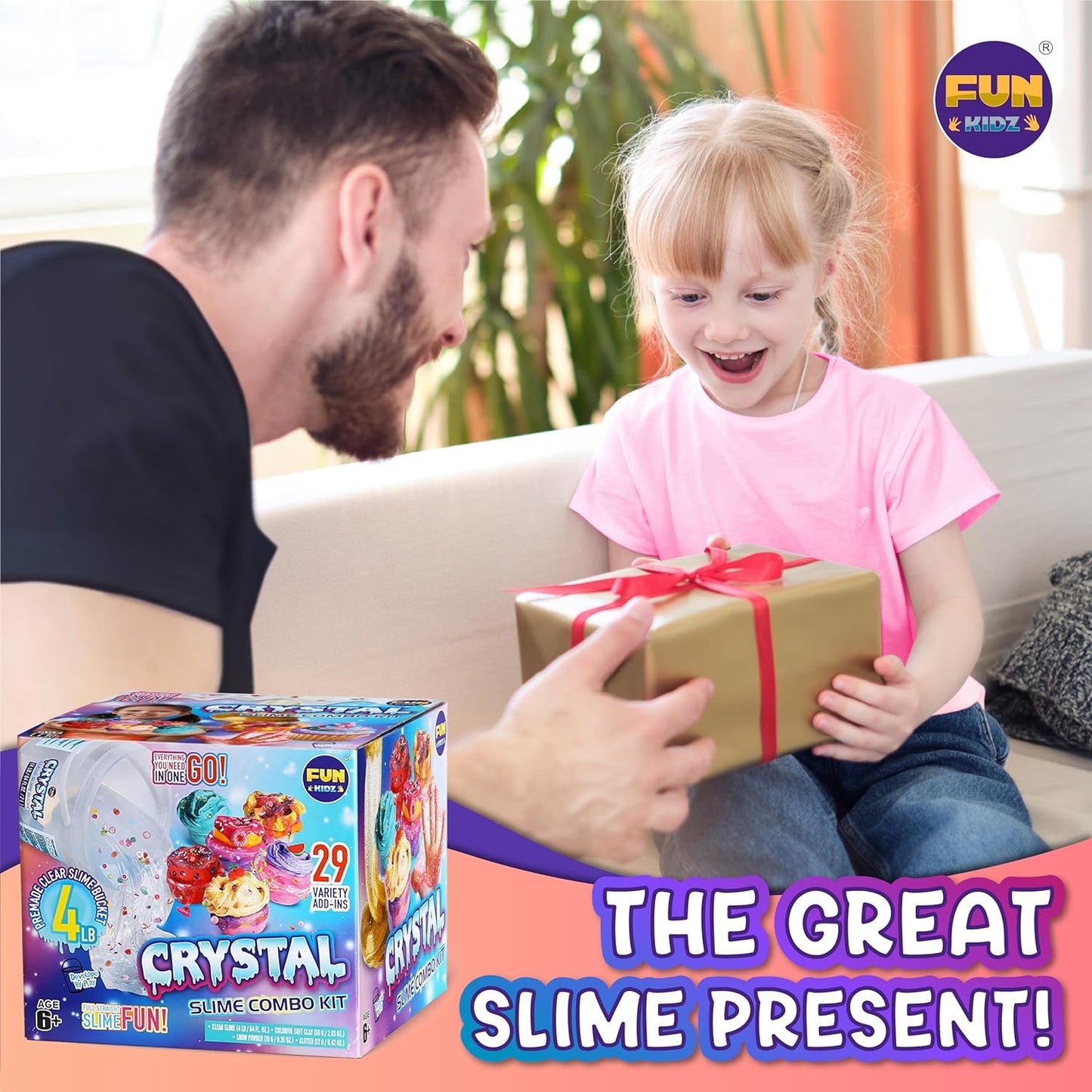 4 LB Huge Glassy Clear Slime Bucket Toy for Kids, Funkidz 64 FL OZ Premade Big Crystal Slime Pack Gift with 29 Sets Add-Ins Jumbo Slime Kit for Girls Boys Party Present