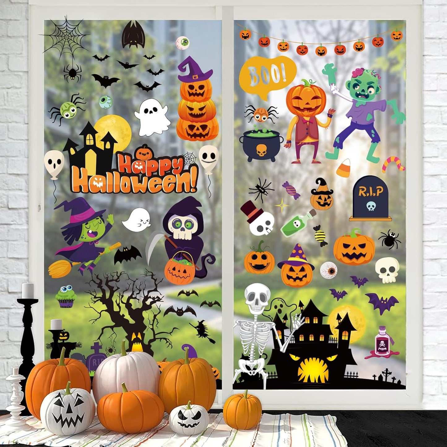 Halloween Decorations 743 PCS Halloween Window Clings, 10 Sheets Cute Halloween Window Decorations, Large Halloween Window Stickers Double-Sided Removable Window Decals, for Kids Party Decorations