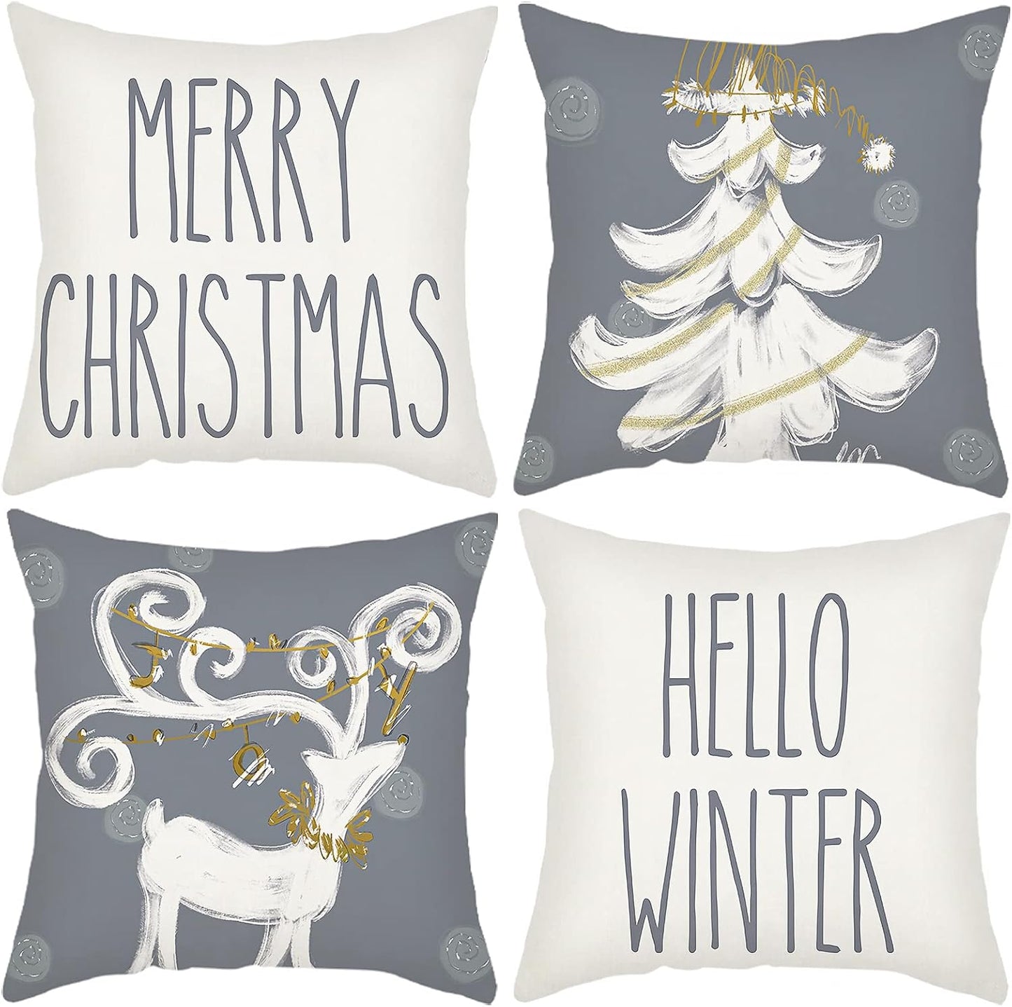 Christmas Pillow Covers Set of 4 for Christmas Decoration Winter Throw Pillow Cover Christmas Decor (18X18, Merry Christmas & Hello Winter)