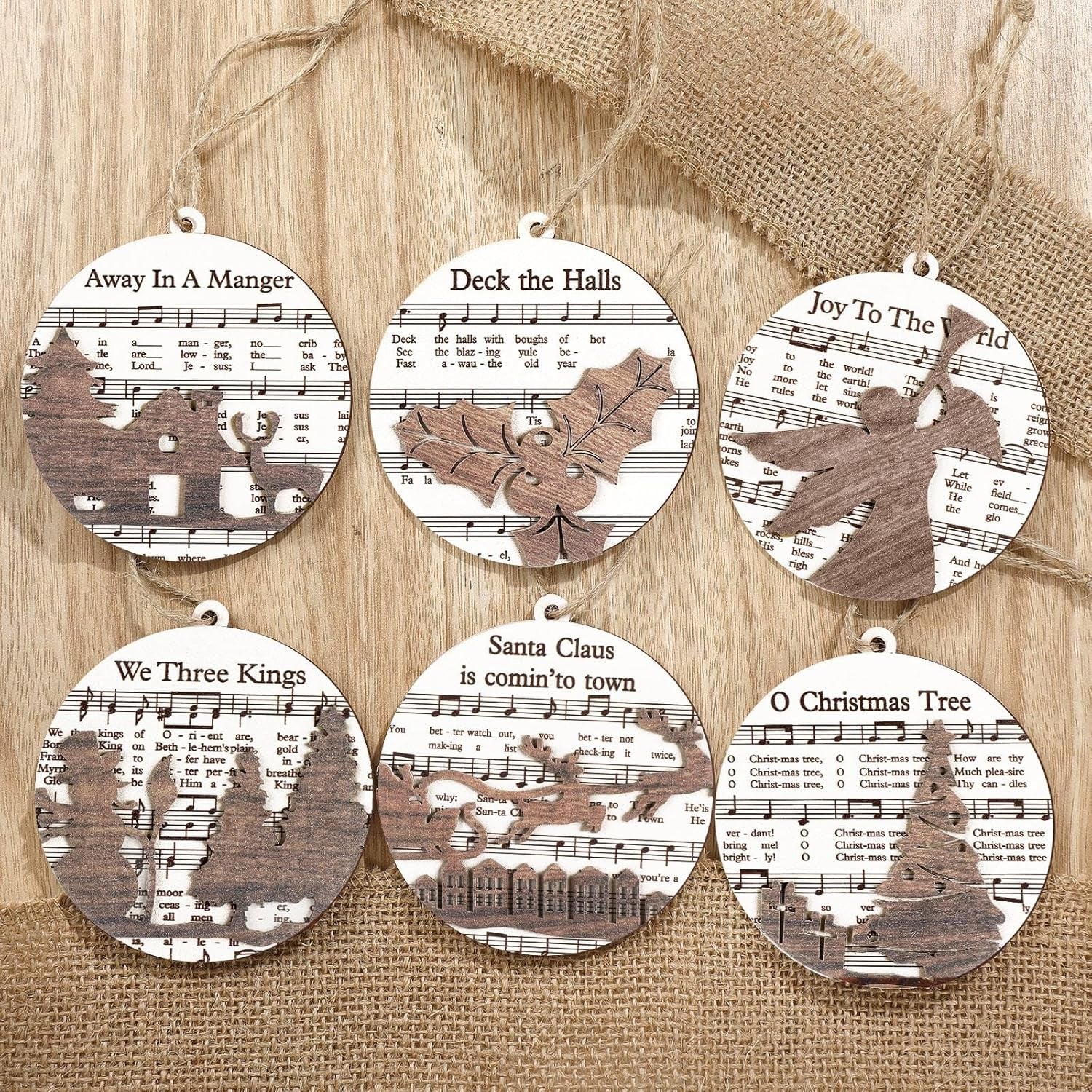 6 Pcs Christmas Nativity Ornaments Christian Music Sheet Nativity Scene Ornaments Wooden Christmas Hanging Ornament Bulk for Xmas Tree Birth of Jesus Religious Gift for Family(Tree and Elk)