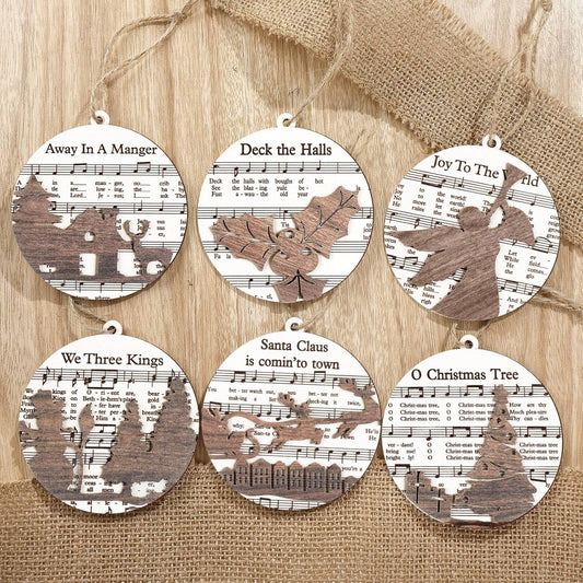 6 Pcs Christmas Nativity Ornaments Christian Music Sheet Nativity Scene Ornaments Wooden Christmas Hanging Ornament Bulk for Xmas Tree Birth of Jesus Religious Gift for Family(Tree and Elk)