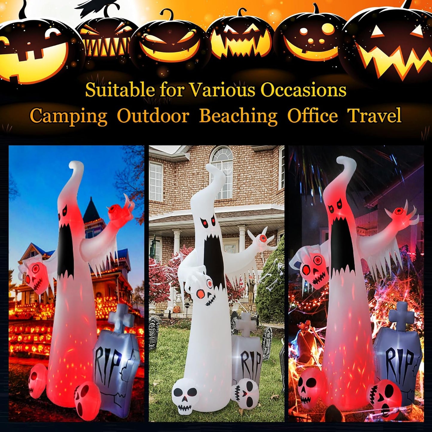 12 FT Halloween Inflatables Outdoor Halloween Blow up Yard Decorations Horror White Ghost with 3 Skull Heads Bleeding Eyeball Tombstone Halloween Decorations Clearance for Party Yard Garden